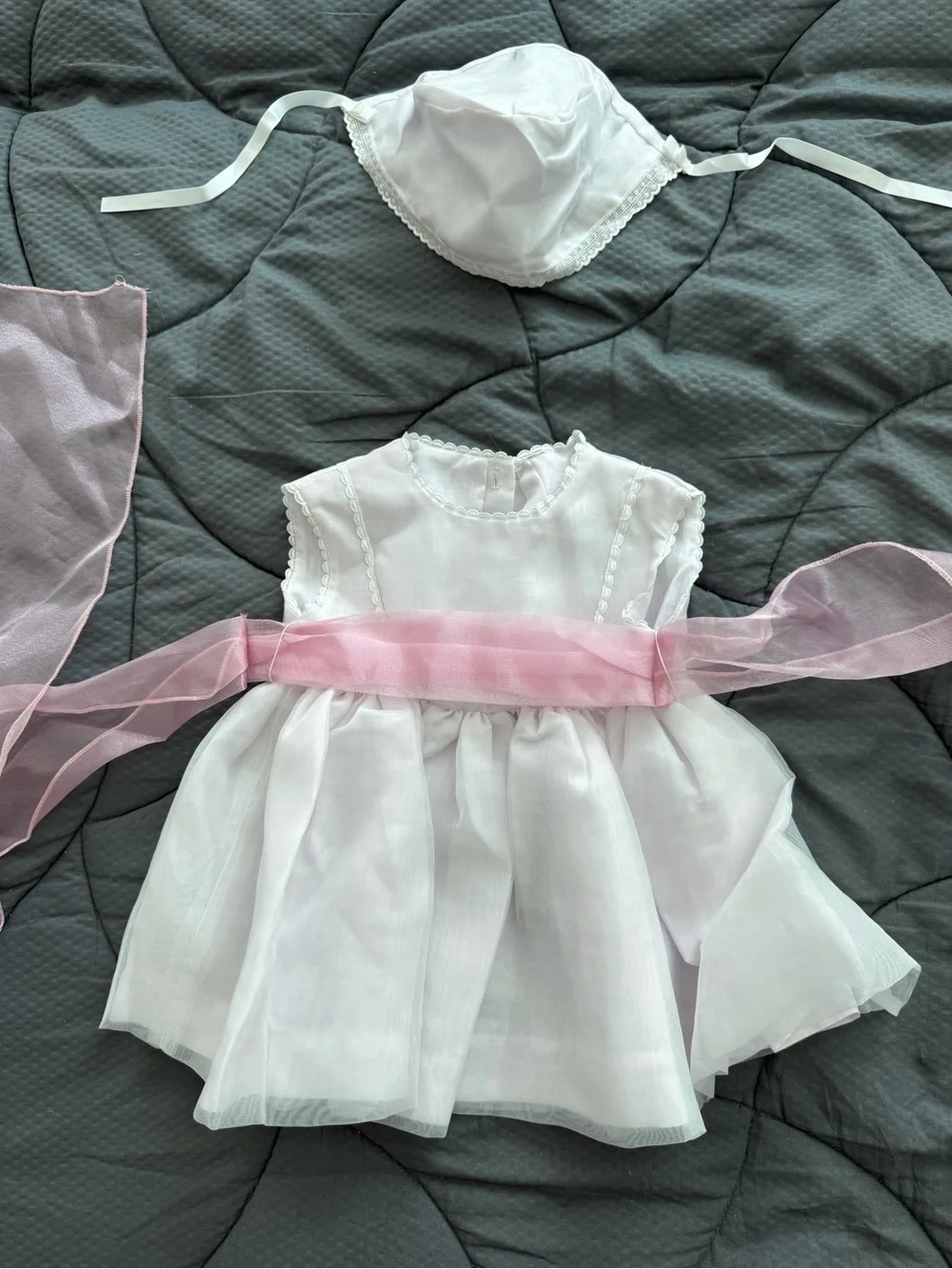 White & Pink Baby girl Dress with Pink Sash and Headpiece - handmade - NEW